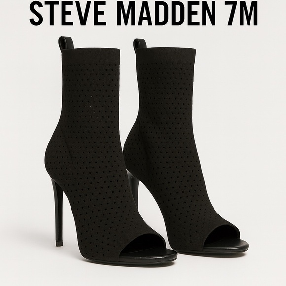 Steve Madden Black Knit Peep Toe Sock Booties – Size 7M Stiletto Heel Style - Picture 1 of 10